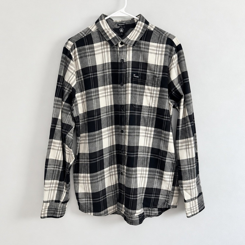 Volcom Mens Black White Plaid Button Front Modern Fit Flannel Shirt Large